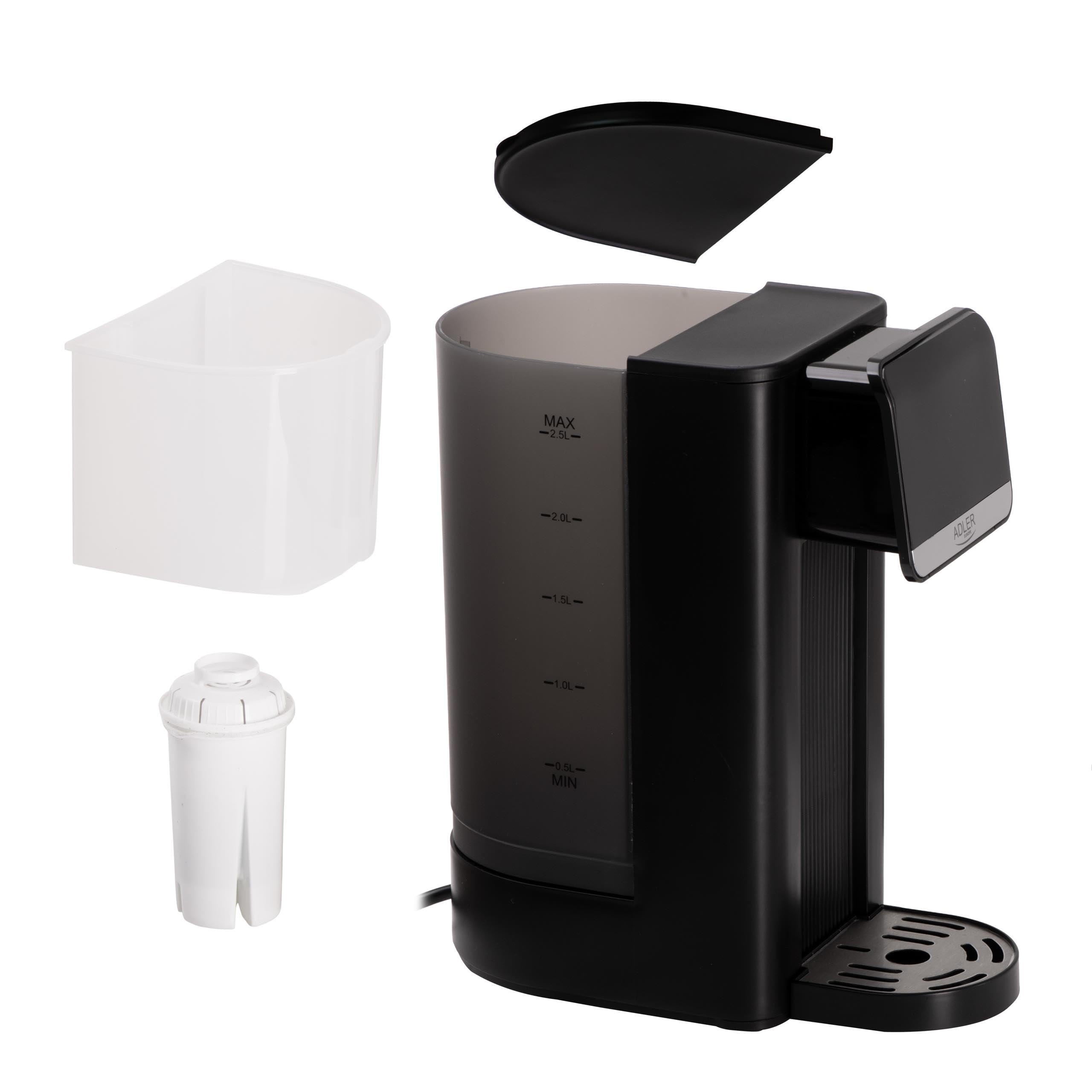 ADLER EUROPE Dystrybutor do gorącej wody, dozownik do przefiltrowanej gorącej wody, filtr do wody, max 2,5L, min 0,5L, 2600W, 8 temperatur, gorąca woda w kilka sekund, energooszczędny, LCD