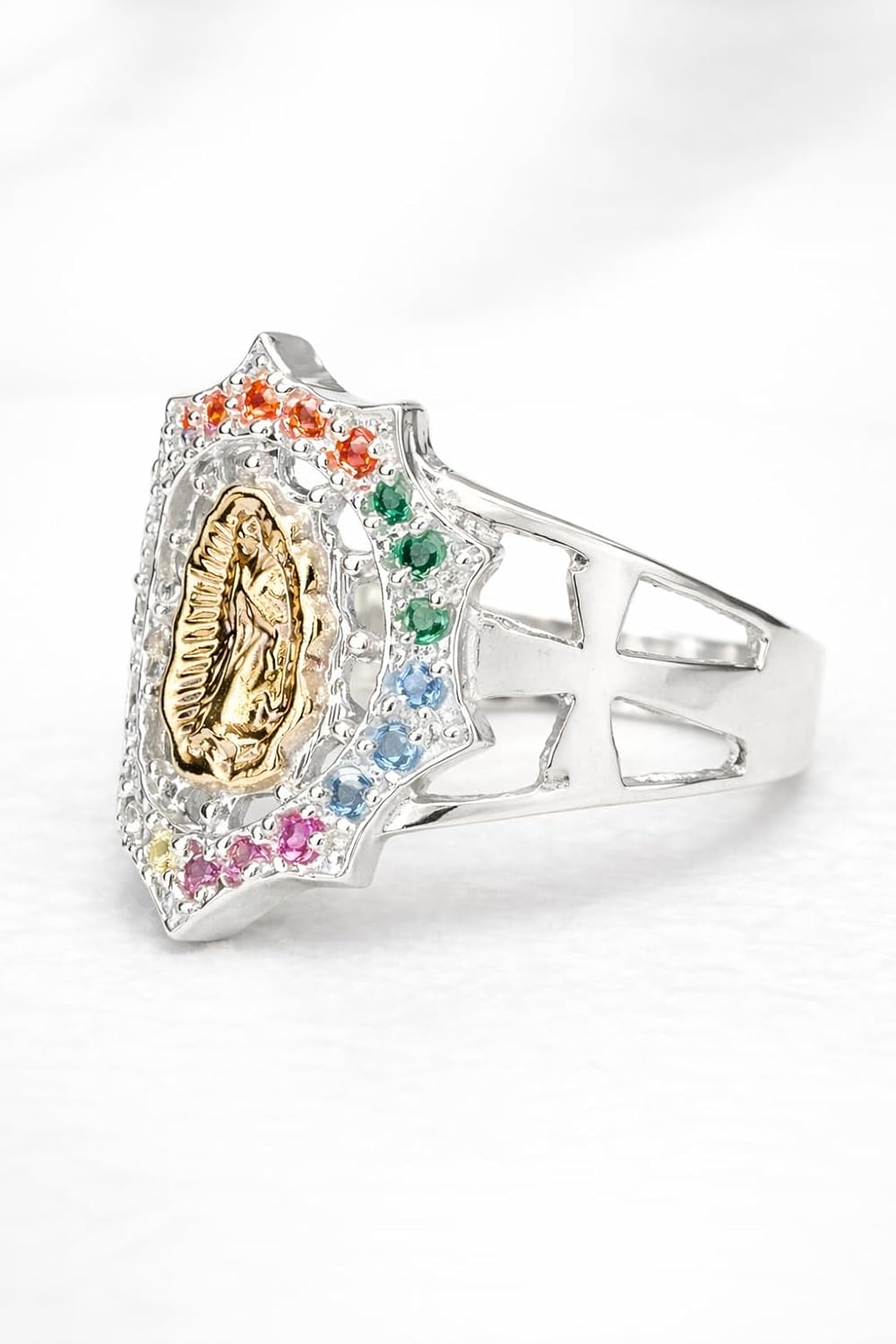 Our Lady of Guadalupe Ring for Women • 925 Sterling Silver with 10K Gold Overlay • Virgen de Guadalupe Catholic Religious Ring with Multicolor Stones • Faith Jewelry Gift