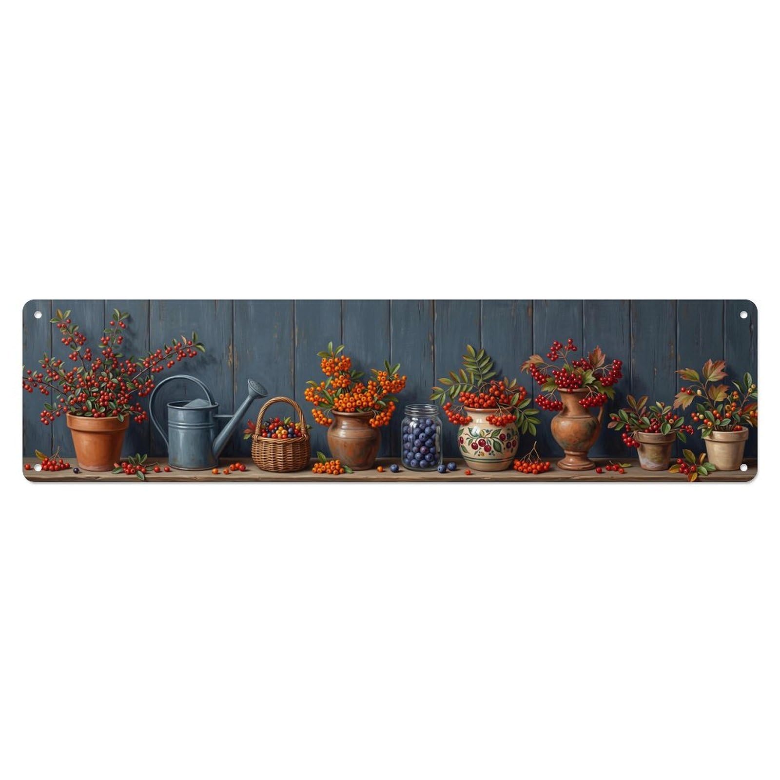 Floral Garden Tools Autumn Berries Pattern Print Metal Tin Sign