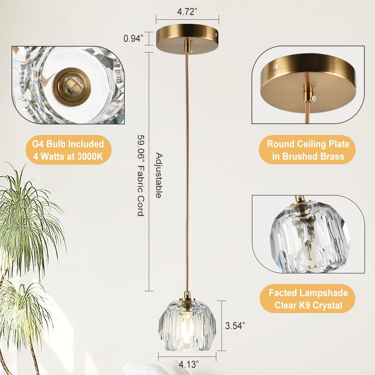 Brushed Brass Pendant Light Kitchen Island, Modern Cut Crystal Small Pendant Light Fixture, Clear Crystal Pendant Adjustable Hanging Light for Dining Room Bathroom
