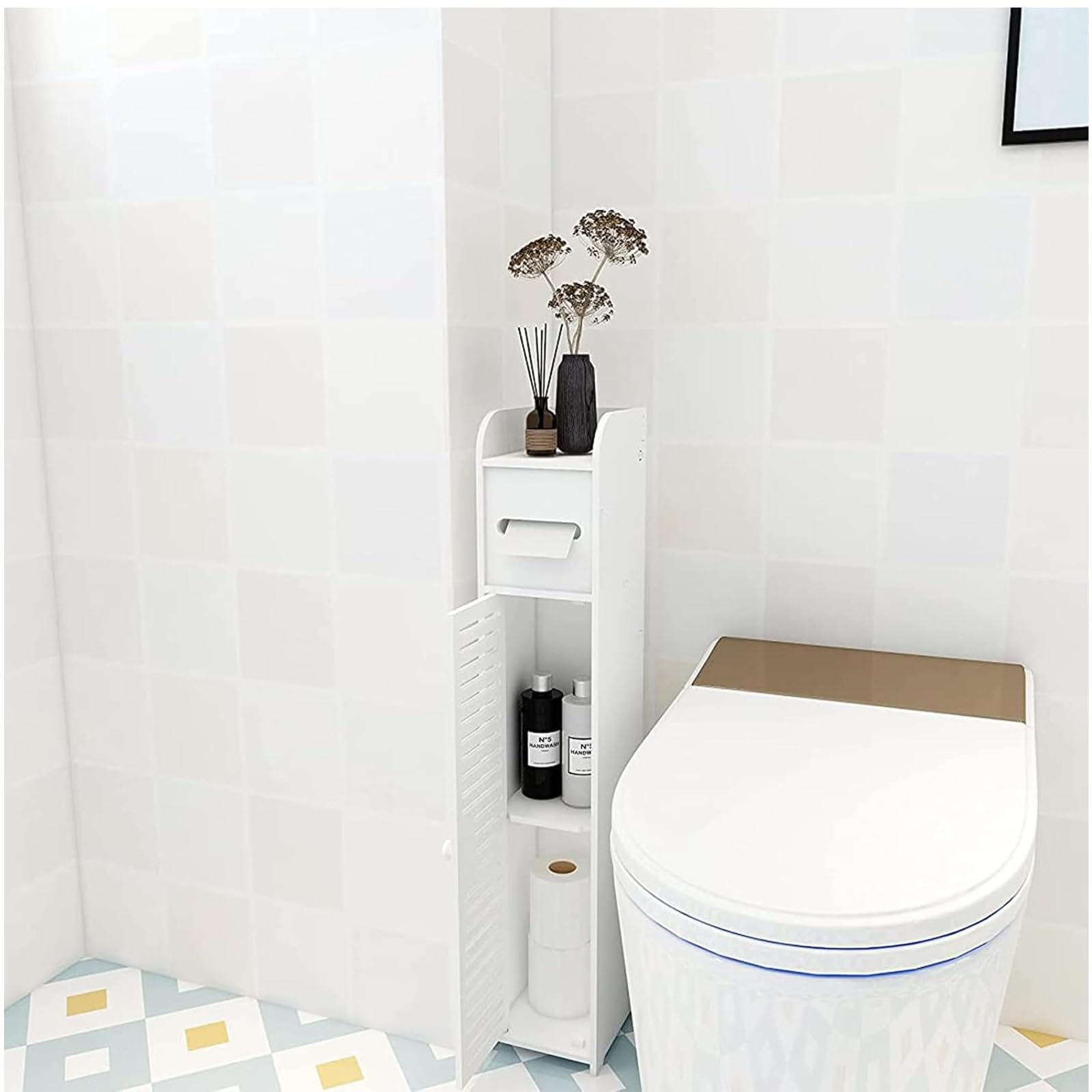 Bathroom Floor Cabinet,Waterproof FreeStanding White Slim Bathroom Storage Unit with Daily Use Layer and 1 Cupboard Door,White Pantry Cabinet,16 x 15 x 80 cm
