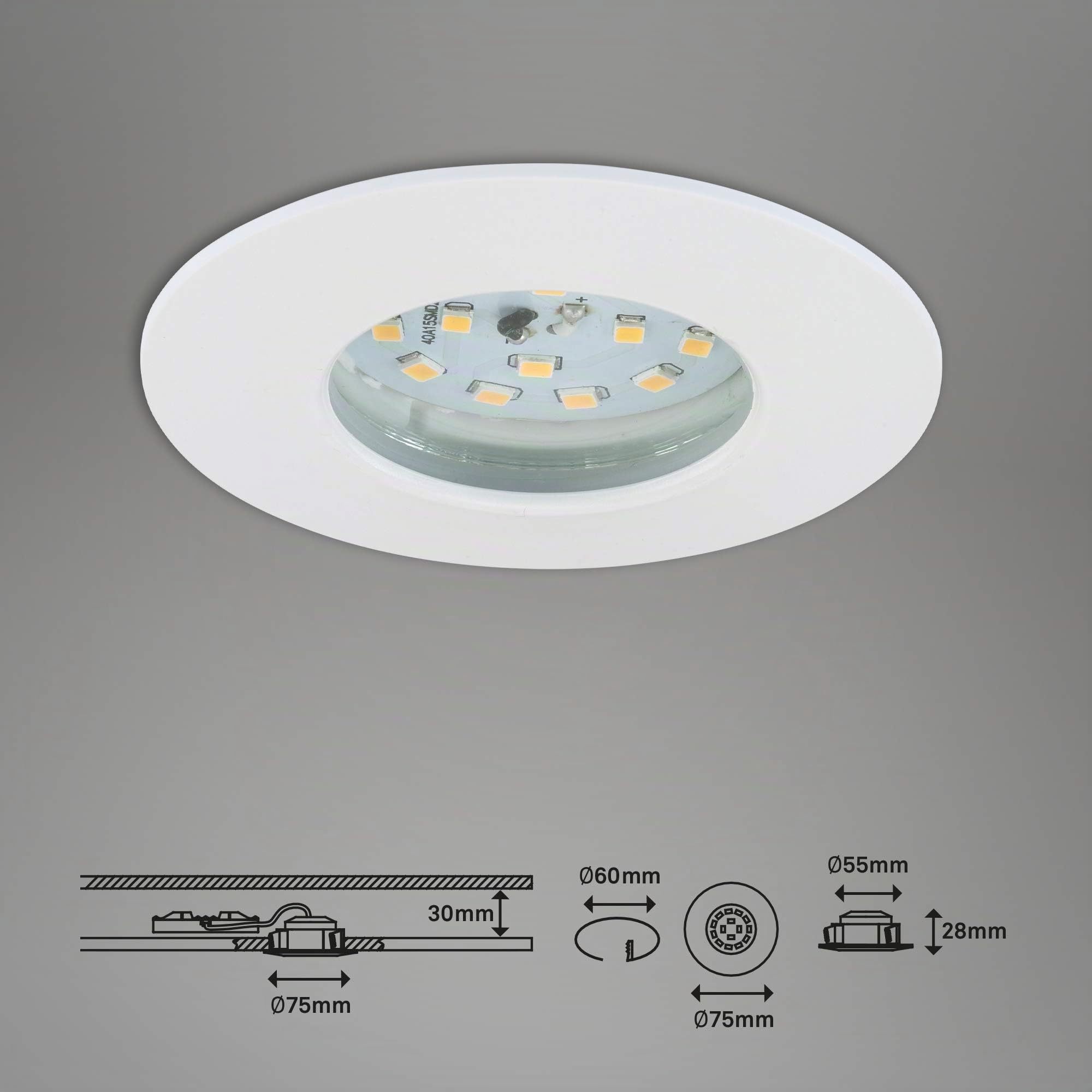 Briloner Leuchten - LED Einbauleuchten, 3er Set, Deckenlampen dimmbar, je 6,5 Watt, je 570 Lumen, 3.000 Kelvin, IP44, Weiß, 75x28mm (DxH), 7295-036