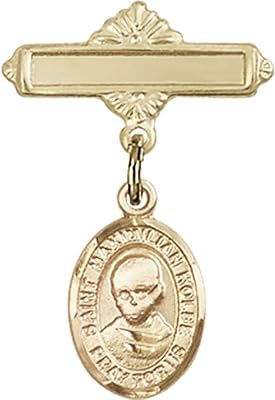 14kt Yellow Gold Baby Badge with St. Maximilian Kolbe Charm and Polished Badge Pin 1 X 5/8 inches