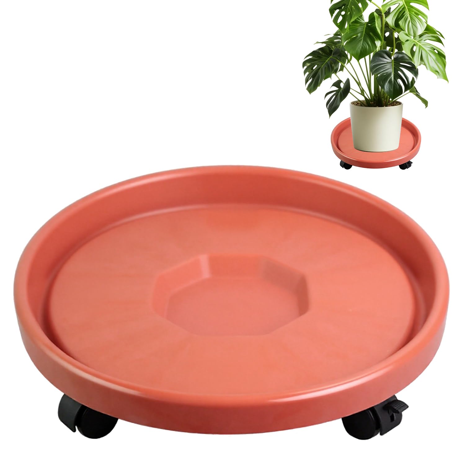 Tissting Plant Caddy with 4Pcs Wheels, OD 36cm ID 32cm Red Plastic Casters Rolling One Wheel Lockable Mover Round Rolling Plant Stand for Indoor Outdoor