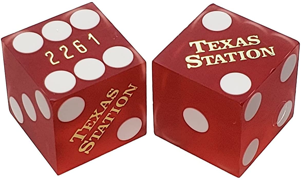 Matching Serial Casino Dice Pair – Authentic Las Vegas Craps Dice 19mm, Table-Played & Collectible – Texas Station Red Frosted Bold Lettering — image 1