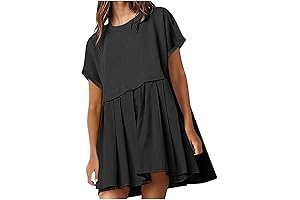 A Line Dress for Summer Short Sleeve Mini Dress Pleated Babydoll Dress...