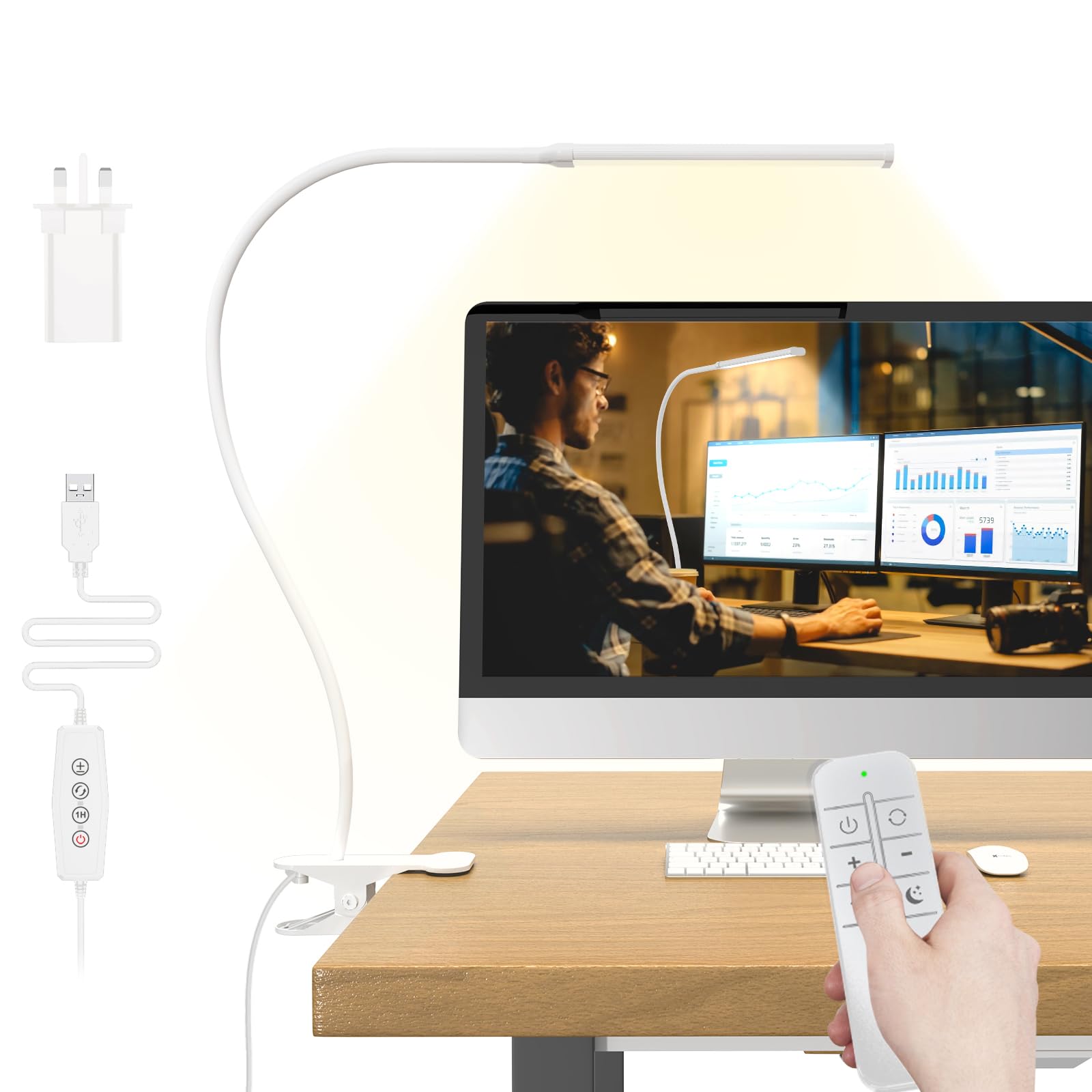 Mojimdo White 77 Led Dimmable Desk Lamp With Remote [3 Colour Temperatures & 10 Brightness Levels] 70Cm Flexible Arm With Usb Charger, Easy Clip On Reading Light, Led Table Lamp, Work Lamp For Home