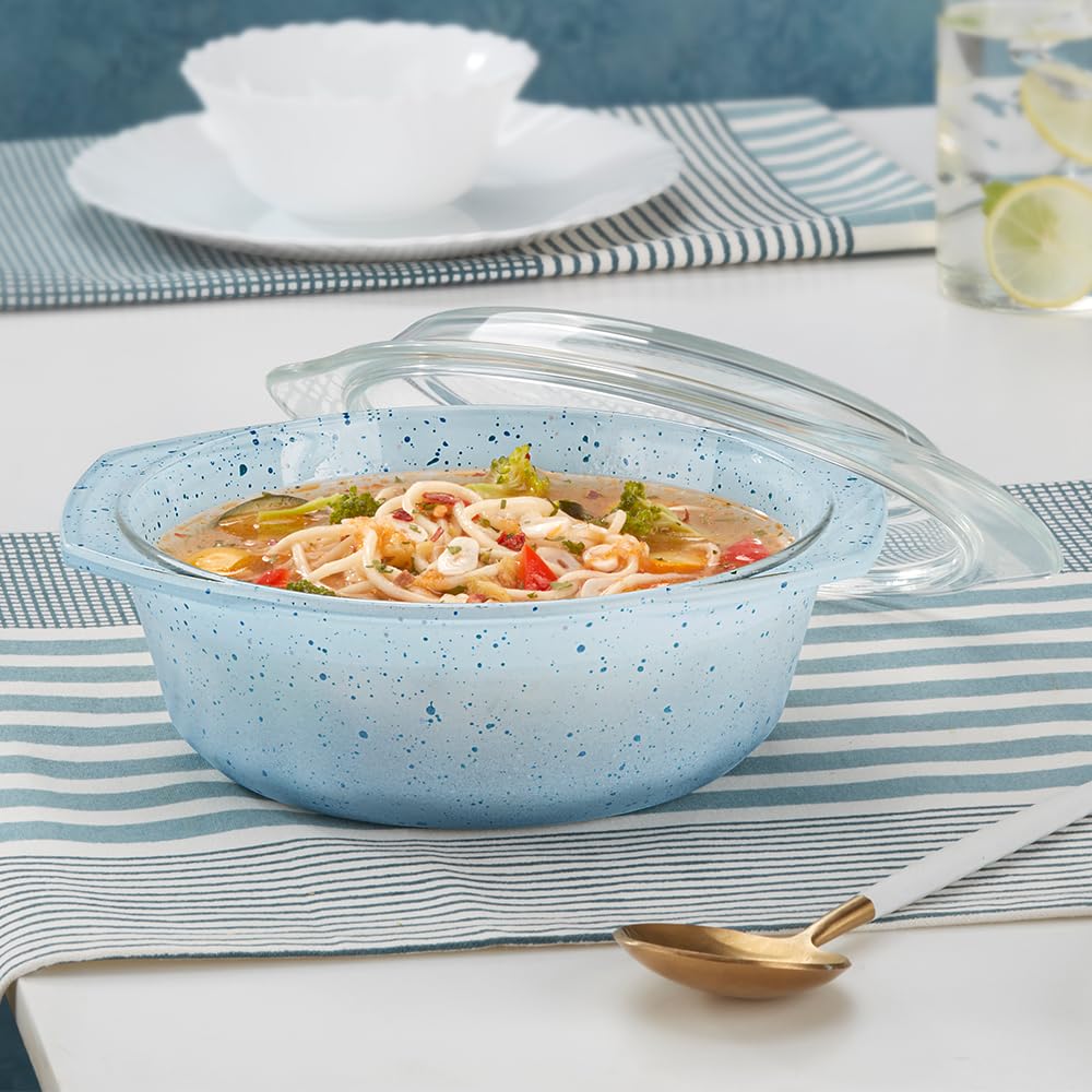 Borosil 1 L Blue Round Deep Casserole with Lid | Borosilicate Glass Bakeware & Serveware Bowl with Flat Lid | Microwave, Dishawasher & Oven Safe Multipurpose Bowl for Mixing Dough, Salad, Batter-image-36