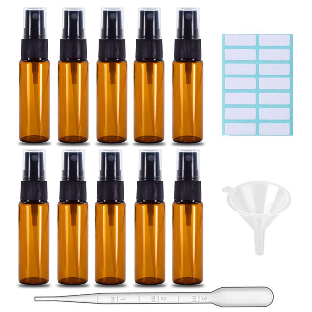 SKYPRO 10Pcs 20ml Amber Glass Spray Bottles, Fine Mist Spray Bottles with Pipette Funnel Labels, Mini Travel Dispenser Bottles for Essential Oils Cleaning Skin Care