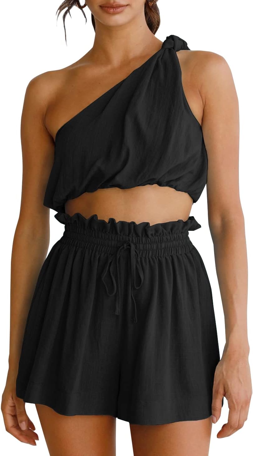 Imily Bela Womens 2 Piece Outfits Linen Matching Sets Two Piece Crop Tops and Paper Bag Waist Shorts Sets 2025 Summer Outfits