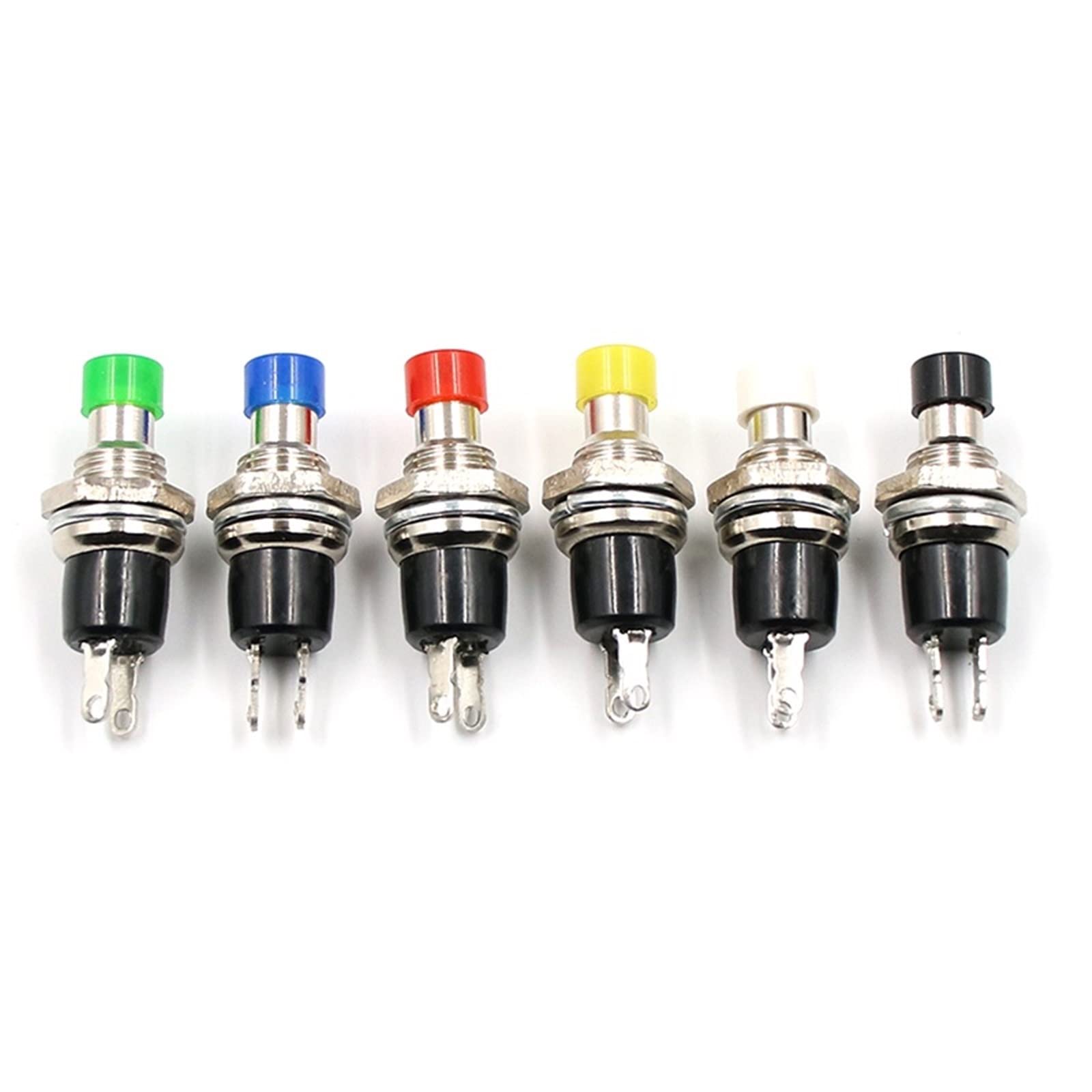 10 Pz PBS-110 Mini Micro Fai da Te 7mm Filettatura 2 Pin Interruttore a Pulsante momentaneo Rosso Nero Bianco Blu Giallo Verde Riposo Automatico ON/off