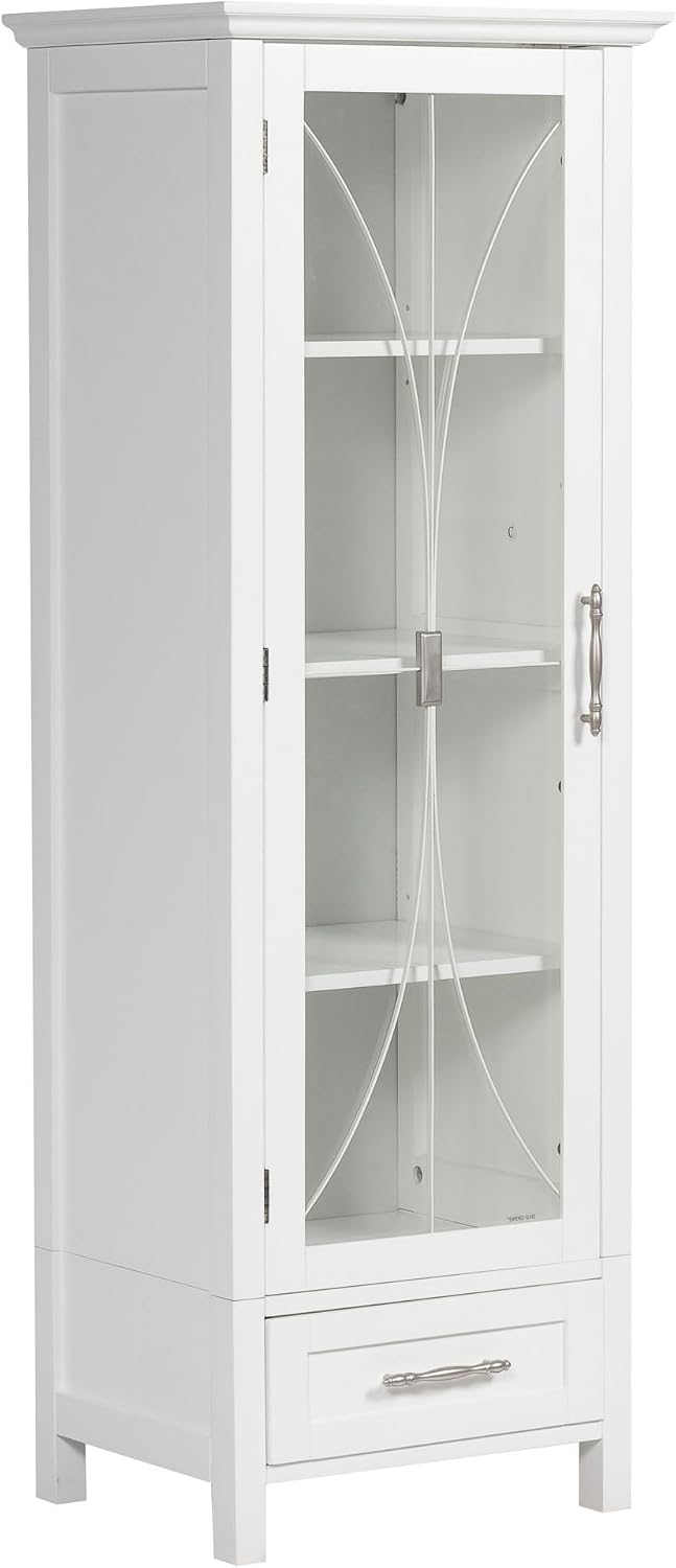 Teamson Home Delaney Linen Tower Tall Narrow Skinny Bathroom Storage Space Saver with 1 Glass Panel Door 3 Adjustable Shelves 1 Drawer, White
