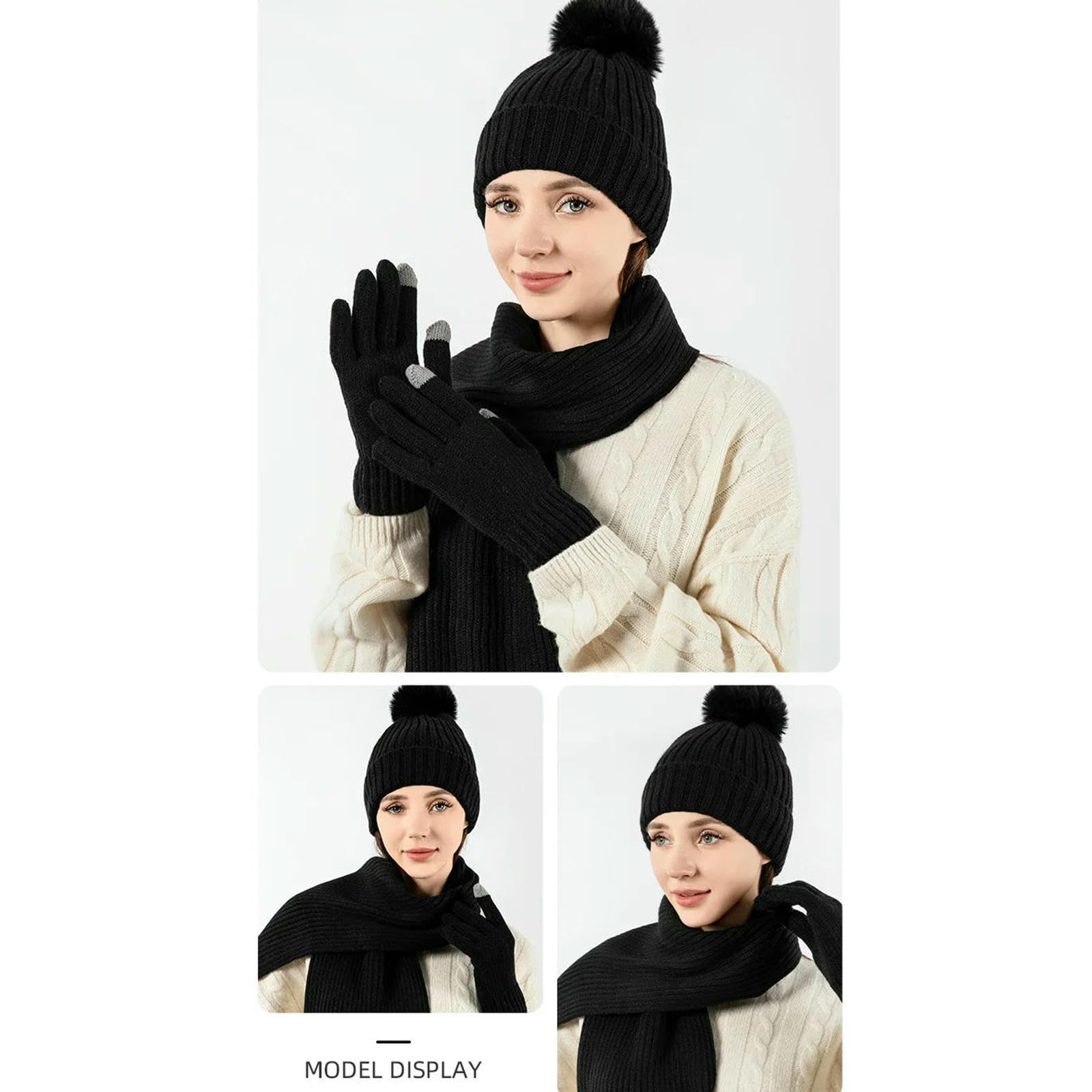 Mütze,Schal & Handschuh-Sets Dreiteiliges Set Aus Einfarbiger Strickmütze, Schal Und Handschuhen Für Damen Herren, Warm Den Winter, Wollanzug-x