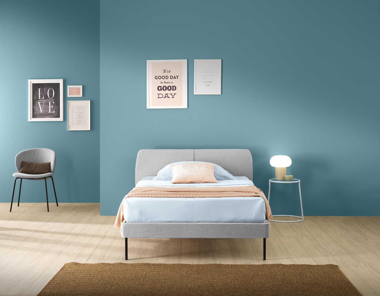EVERGREENWEB Letto Piazza e mezzo in doghe in legno e testata quadrata stondata| facile da montare, Letto di Design | Colore Grigio Chiaro |Mod. Tokio