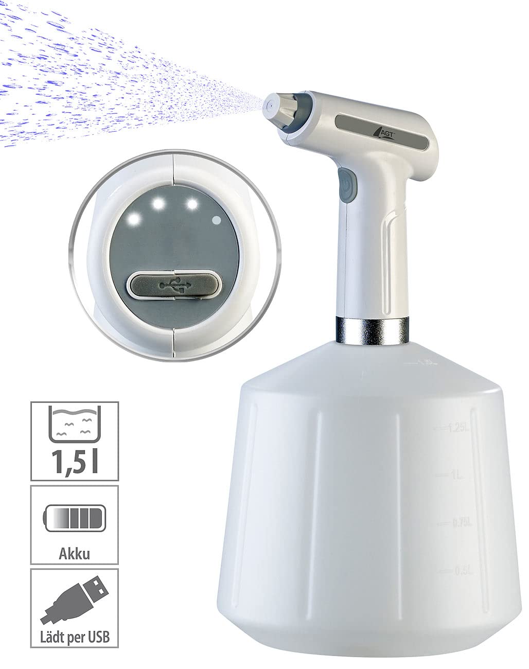 AGT Akku Sprühflasche: 2er-Set Akku-Pump-Drucksprüher mit Einstell-Düse, je 1,5 Liter (Sprayflasche, automatischer Wassersprüher, Kühl)