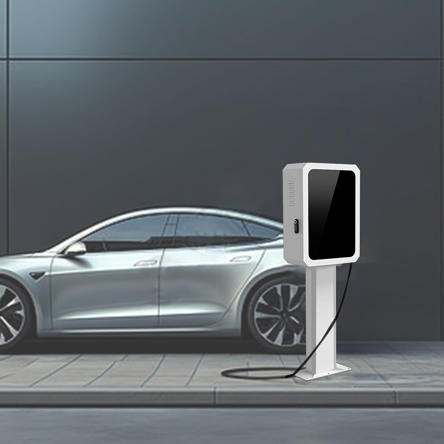 Outdoor EV Charger Stand, Weatherproof Electric Vehicle Charging Box Holder, Wall-Mounted Black/White Charger Pillar, Durable Floor-Mounted EV Charging Station for Electric Cars,White
