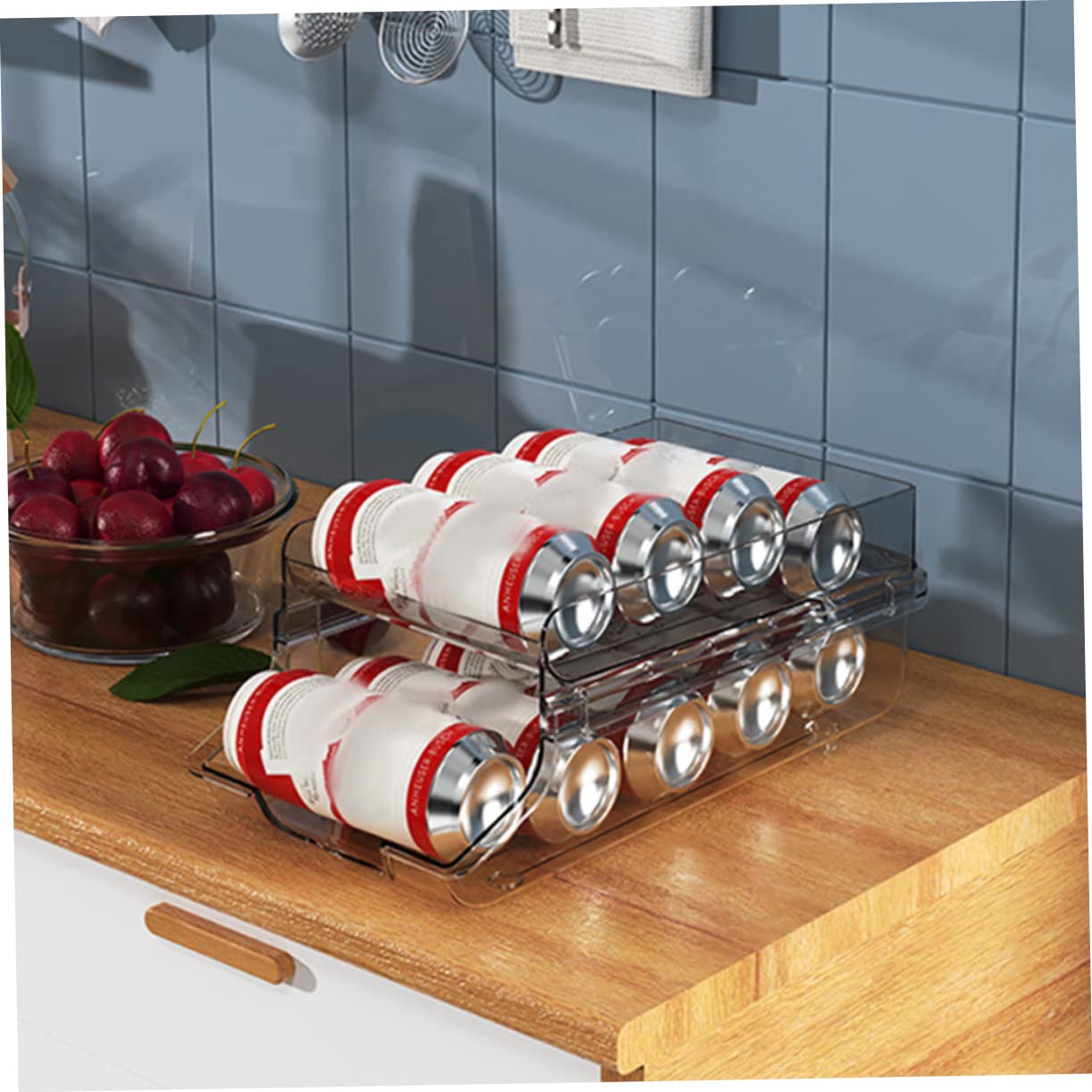 PRETYZOOM Dispenser per Lattine e Chiudi Lattine Bibite in Plastico, Organizer a Doppio Strato Rotolamento Automatico per Frigorifero e Casa
