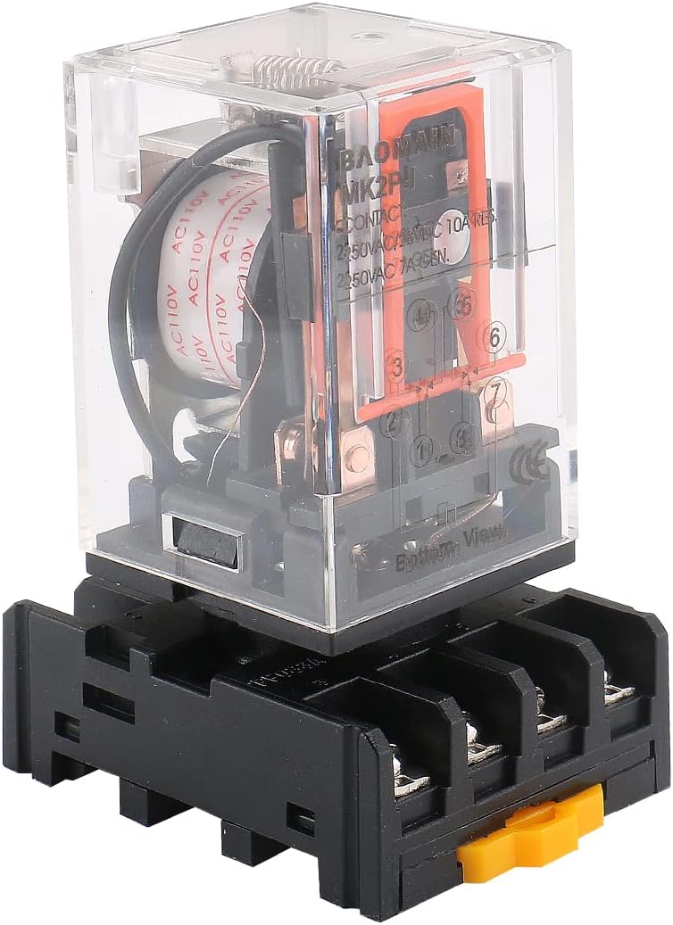 Baomain Power Relay MK2P-I 110VAC Coil DPDT 8 Pin with Plug-in Terminal Socket, for Automation and Control Systems