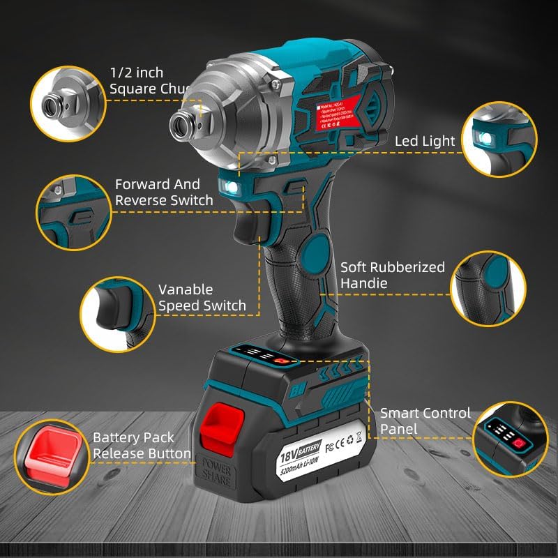 MZG 550N Cordless Impact Wrench,1 * 5.2Ah Lithium-Ion Power Impact Wrenches, 1/2" Cordless Impact Gun for Home/Car/Truck Tire Lug Nut Removal Tool Set