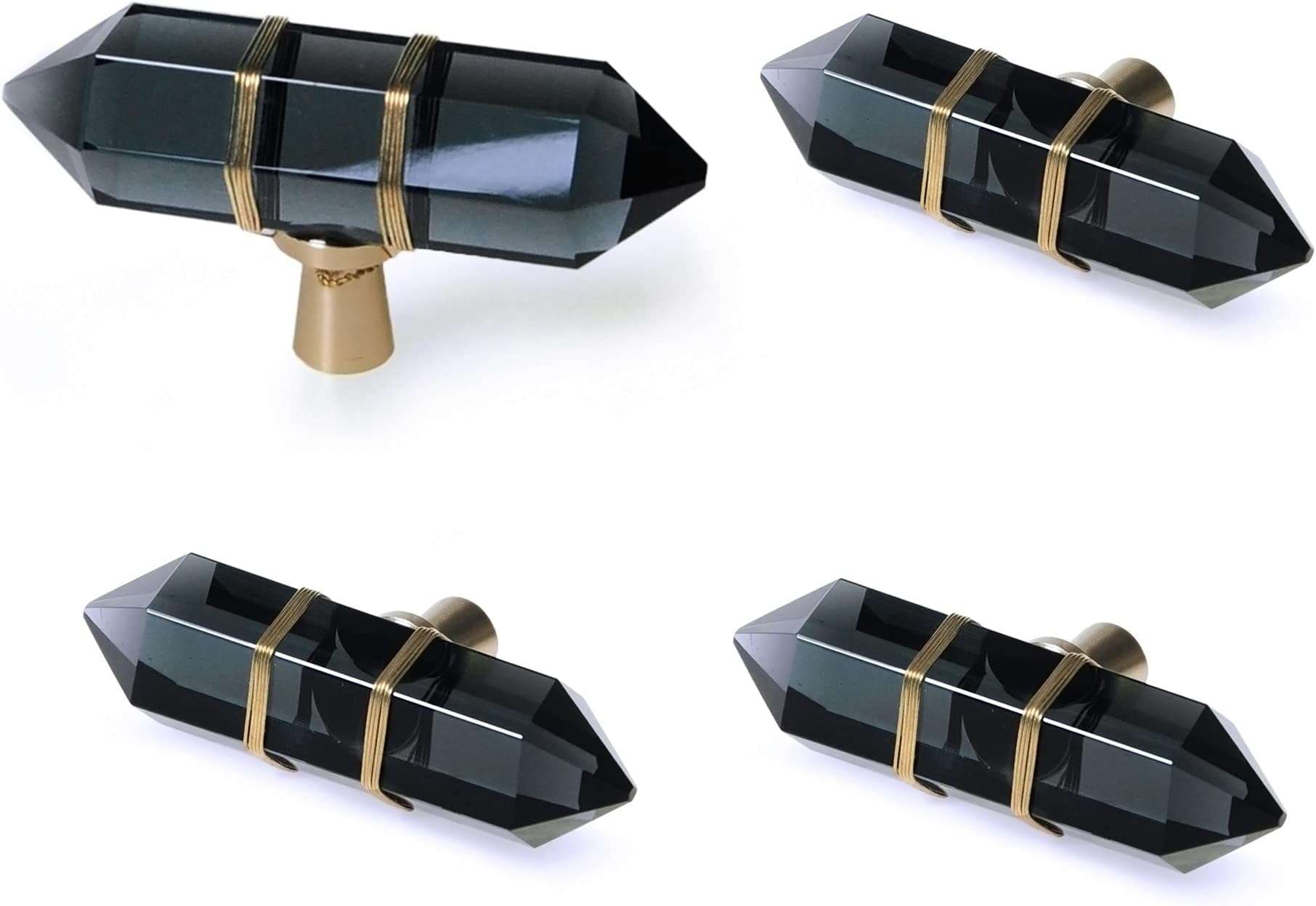 JEREVER 4 Pack Hexagonal Crystal Knobs Wire Wrapped Glass Brass Drawer Pull Cabinet Handle Gold Furniture Hardware for Dresser Kitchen (Black)