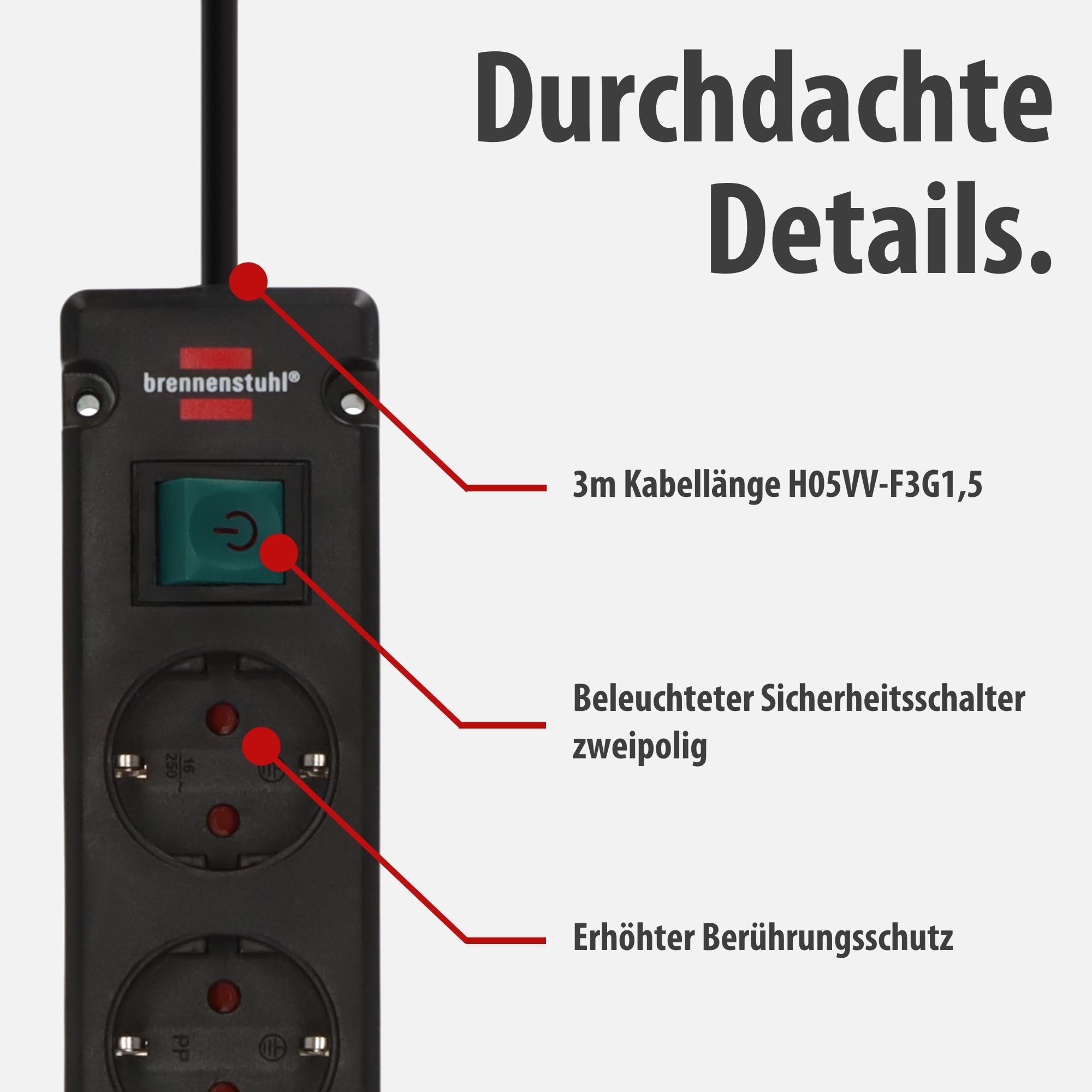 Brennenstuhl Bremounta regleta de enchufes con 5 Tomas Corriente y Carga USB para instalación y fijación (regleta eléctrica con Interruptor, Posibilidad de Montaje y Cable de 3m) Negro (Paquete de 2)