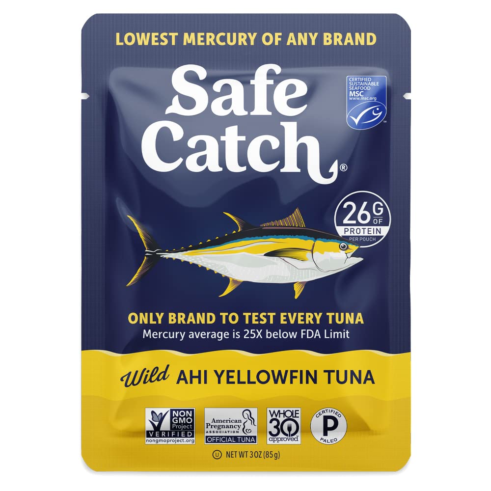 Wild Ahi Yellowfin Tuna Fish Pouches, Wild Caught, Lowest Mercury, Lean Protein, Omega 3, Gluten-Free, Kosher, Pack of 12