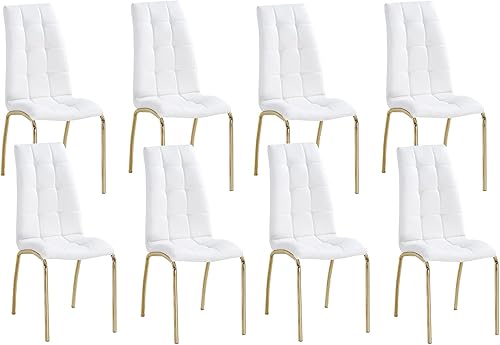 Vista 13 de Juego de 4 sillas de comedor de piel sintética, modernas sillas de comedor blancas con patas de metal plateado y respaldo ergonómico, sillas