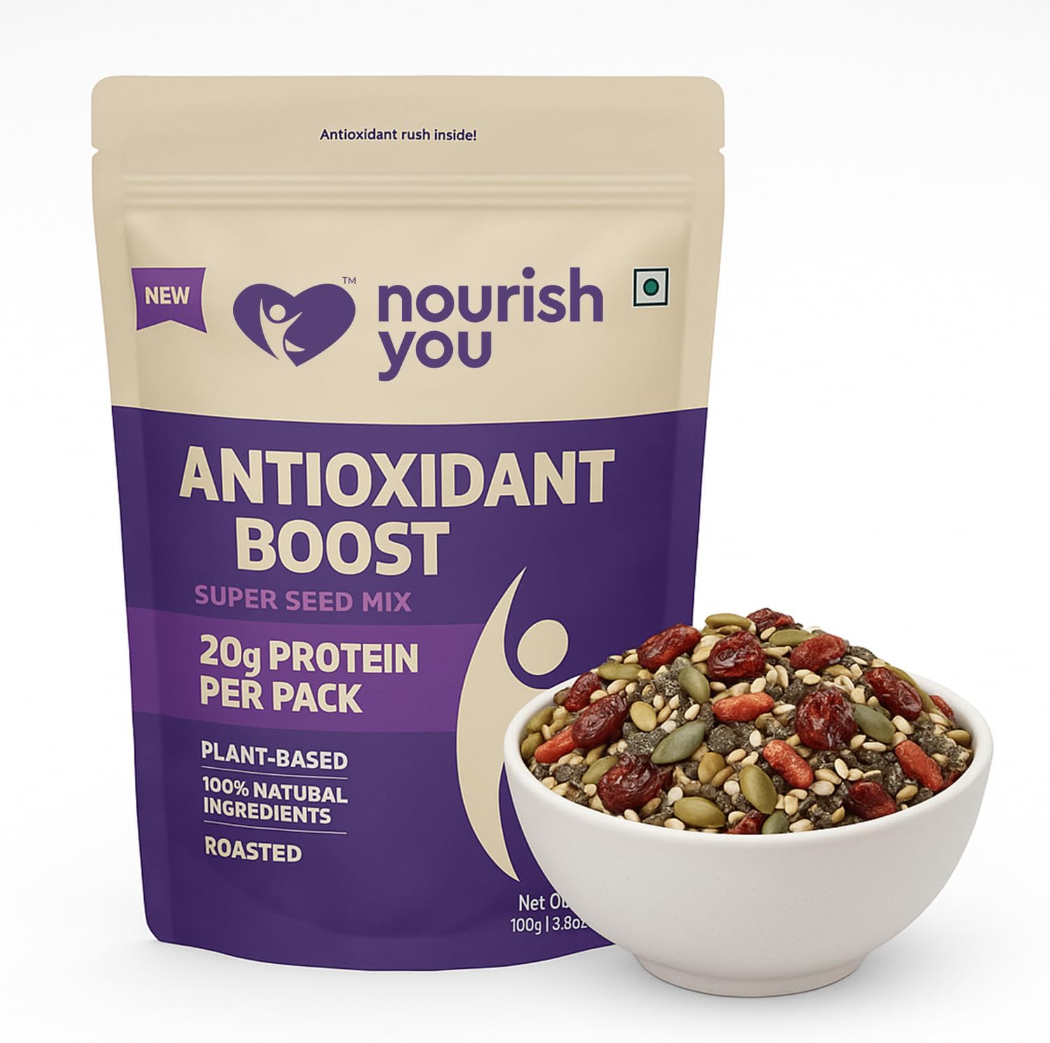 Antioxidant Boost Trail Mix 100g | Mixed seeds for eating | No Artificial Flavours & Preservatives | Seed Mix of Sunflower, Chia, Flax, Seasame, Pumpkin Seeds & Cranberries & Gojiberries | Pack of 1