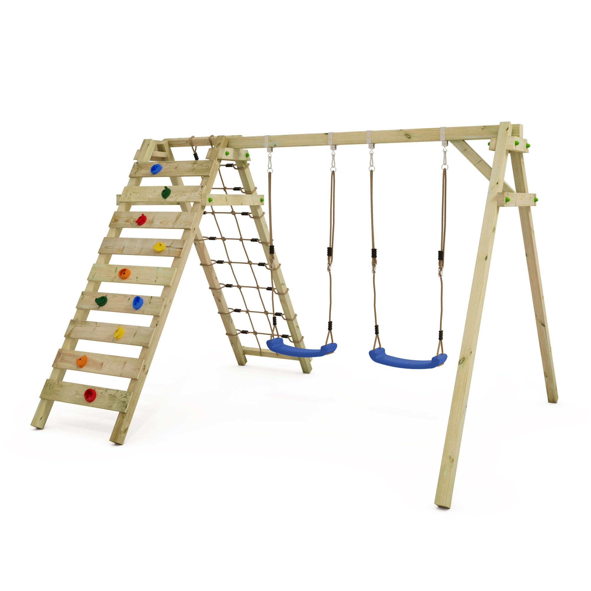 Altalena WICKEY Smart Cliff gioco per bambini, altalena doppia in legno da esterno o da giardino con modulo ampliato per arrampicate