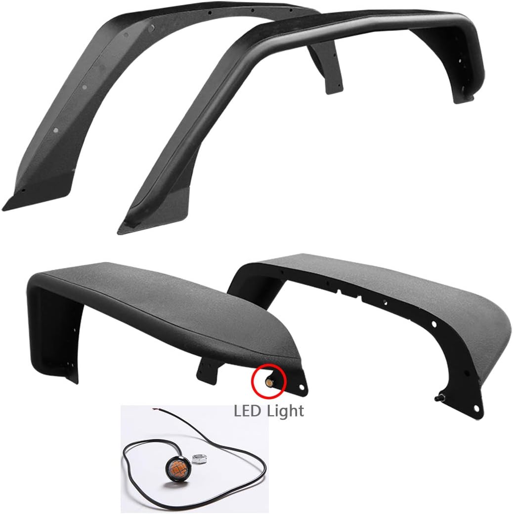 4 PCS Black Textured Steel Fender Flares with LED Lights Only Fit 2007-2018 Jeep Wrangler JK 2/4 Door (Drilling Required)