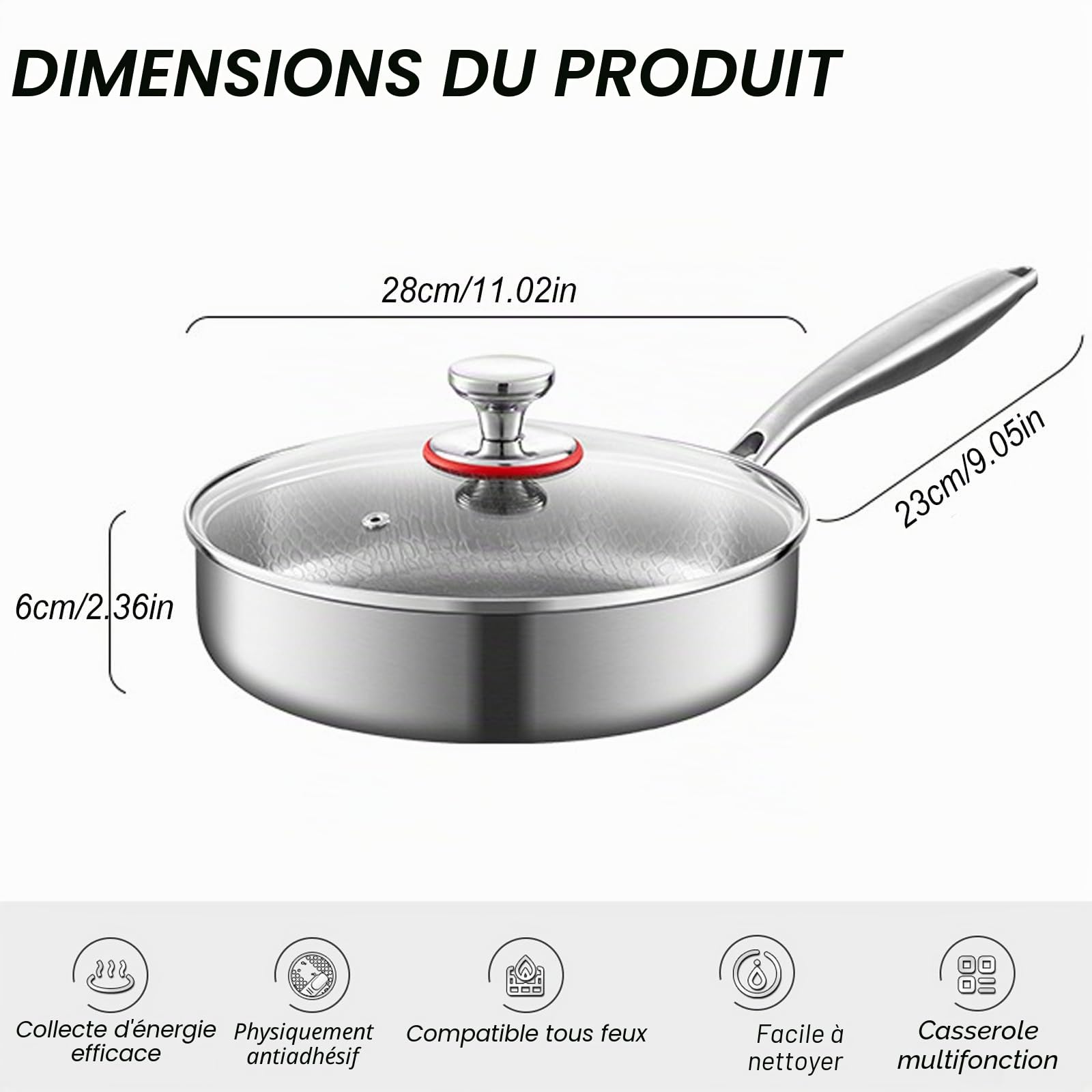 Poêle à frire en titane Ø 28 cm, poêle en titane non revêtue, poêle antiadhésive résistante aux rayures, poêle martelée, poêle à frire premium pour induction, résistante au four et au