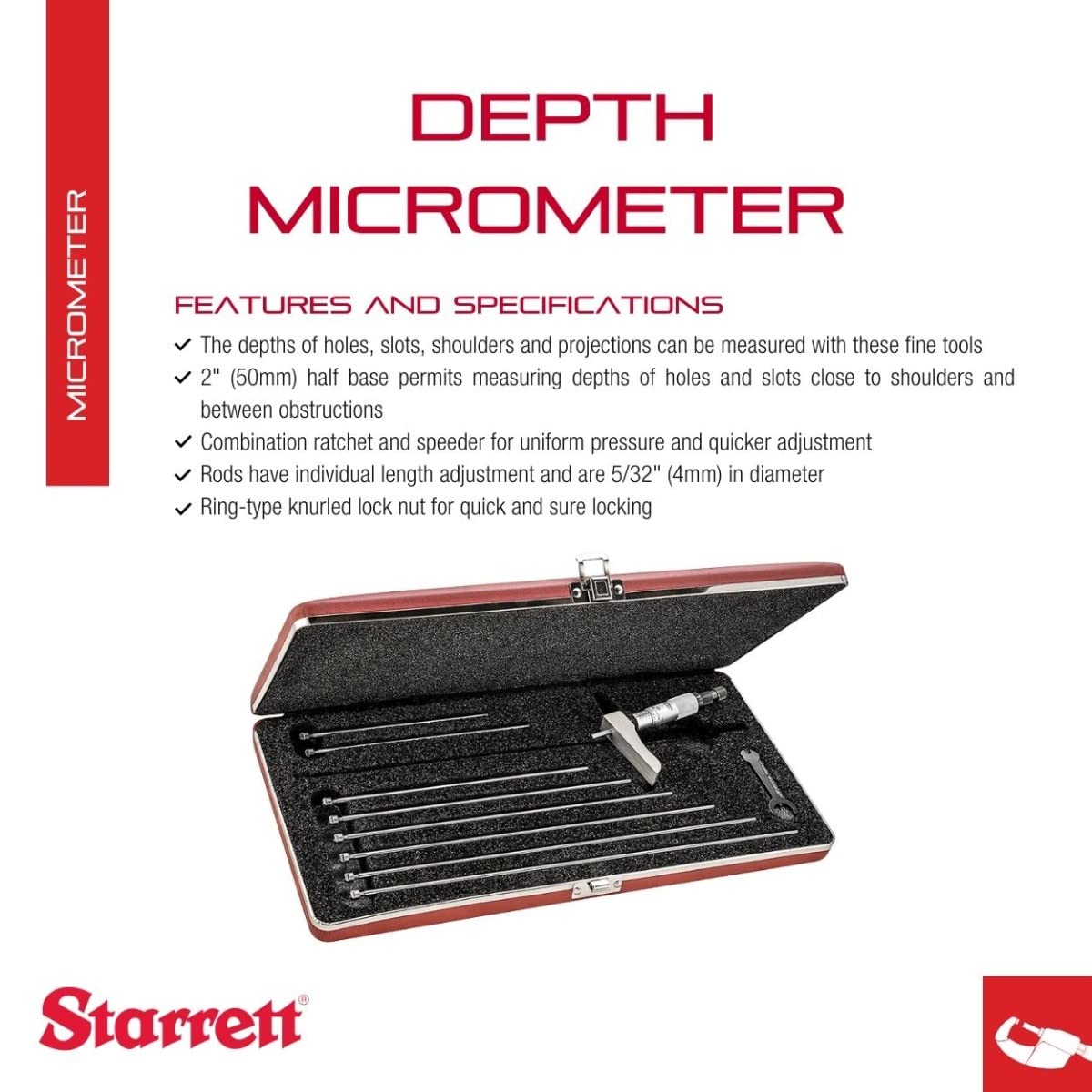 Starrett Micrometer Depth Gage with Half Base a Combination Ratchet and Speeder in Case - Ratchet Thimble, 0-9" Range, .001" Graduation, 2" Base - 9 Rods - 443Z-9RL