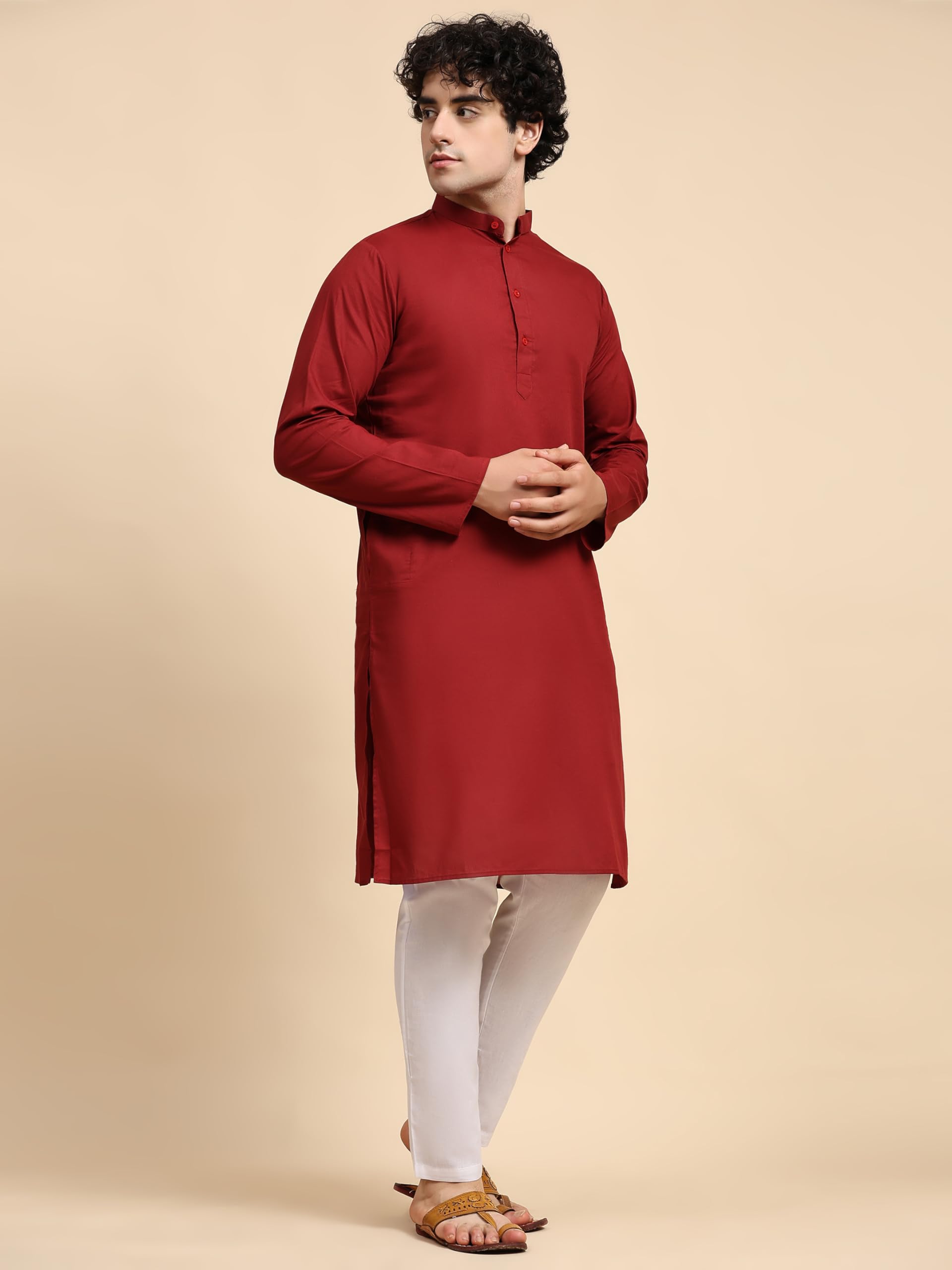 SKAVIJ Men's Casual Cotton Solid Kurta Pajama Set, Regular Fit Traditional Ethnic Wear for Comfort and Style Red, S 4