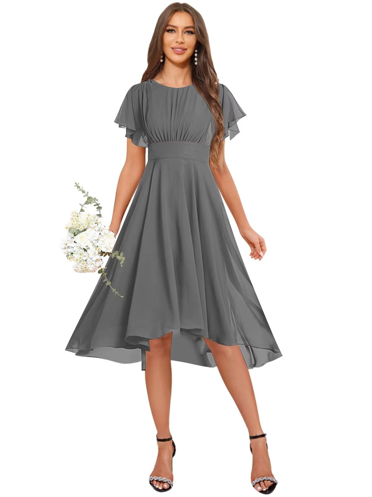 OFEECHUN Women's Chiffon Bridesmaid Dresses Short Sleeve Pleated A Line Formal Wedding Guest Gown