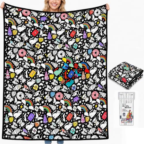 DIY Colouring Blanket for Adults with 24 Colors Markers Colour Your Own Throw Blankets Washable Diy Coloring Blanket Painted Fuzzy Velvet Creative Color in Blankets Gifts for Family 50x 60