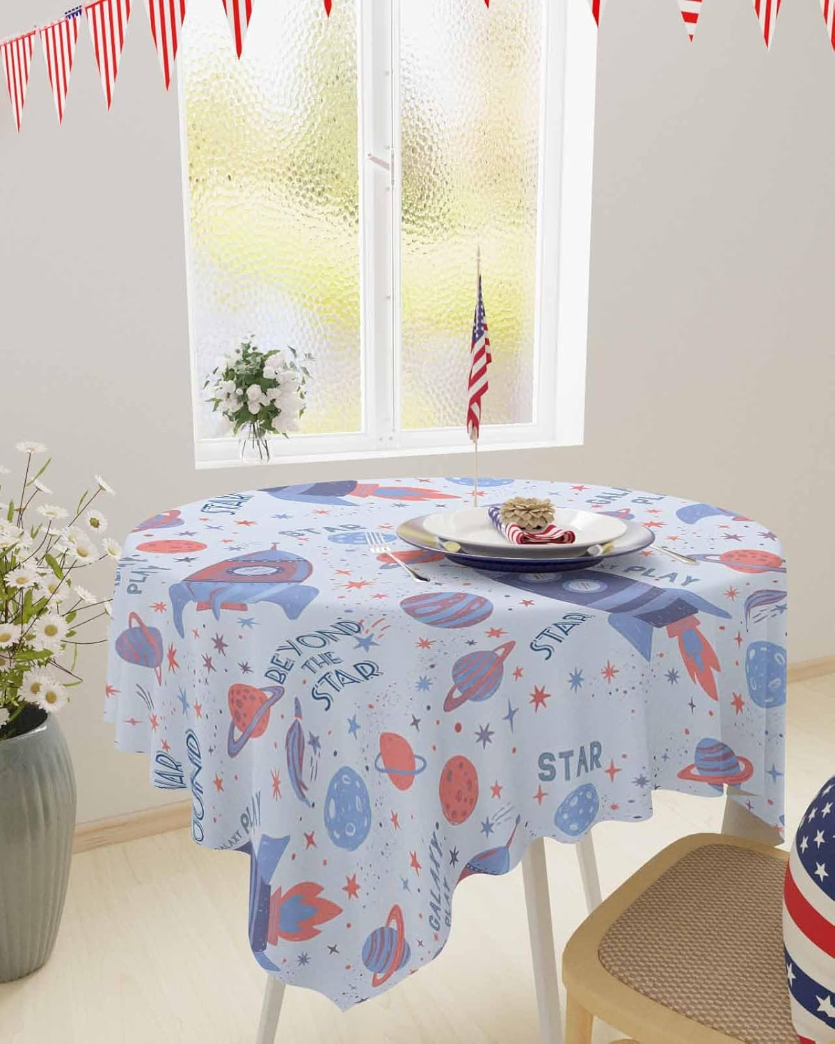 Children's Day Waterproof Table Cloth Funny Universe Rocket Planet Star Light Blue Waterproof & Wrinkle Table Cover, Washable Polyester Soft Fabric Table Cloth for Outdoor Indoor Parties