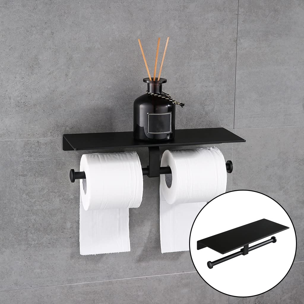 Portarrollos para Papel Espacio de aluminio negro pintura doble papel soporte de papel montado en la pared accesorios de baño del teléfono estantería de inodoro Portarrollos para papel Higiénico