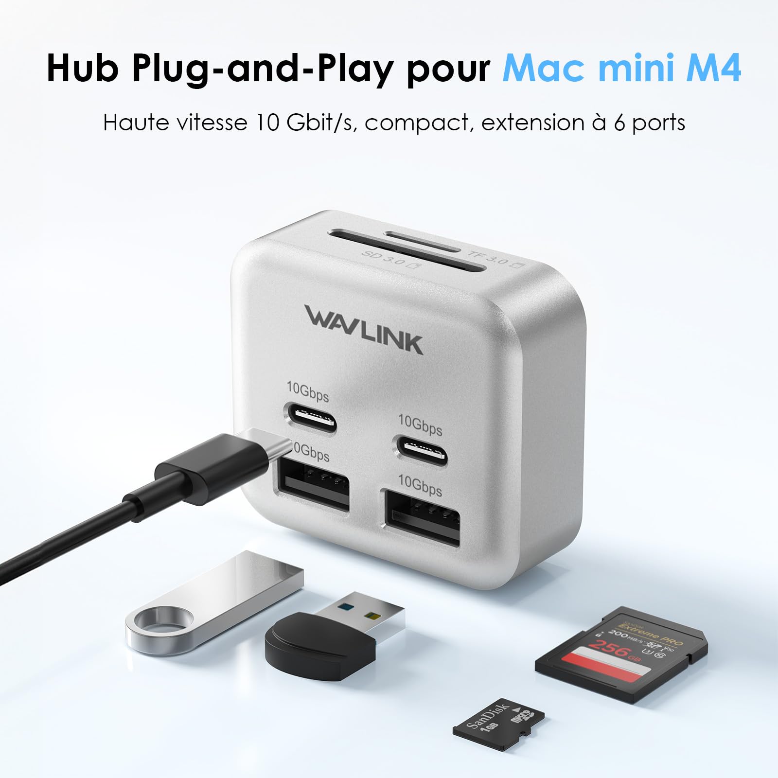 WAVLINK Hub pour Mac Mini M4, Hub 6 Ports pour Mac Mini | 2 x USB-C 10 Gb/s, 2 x USB-A 10 Gb/s, lecteur de cartes SD 3.0, pour Mac mini M4 et M4 Pro