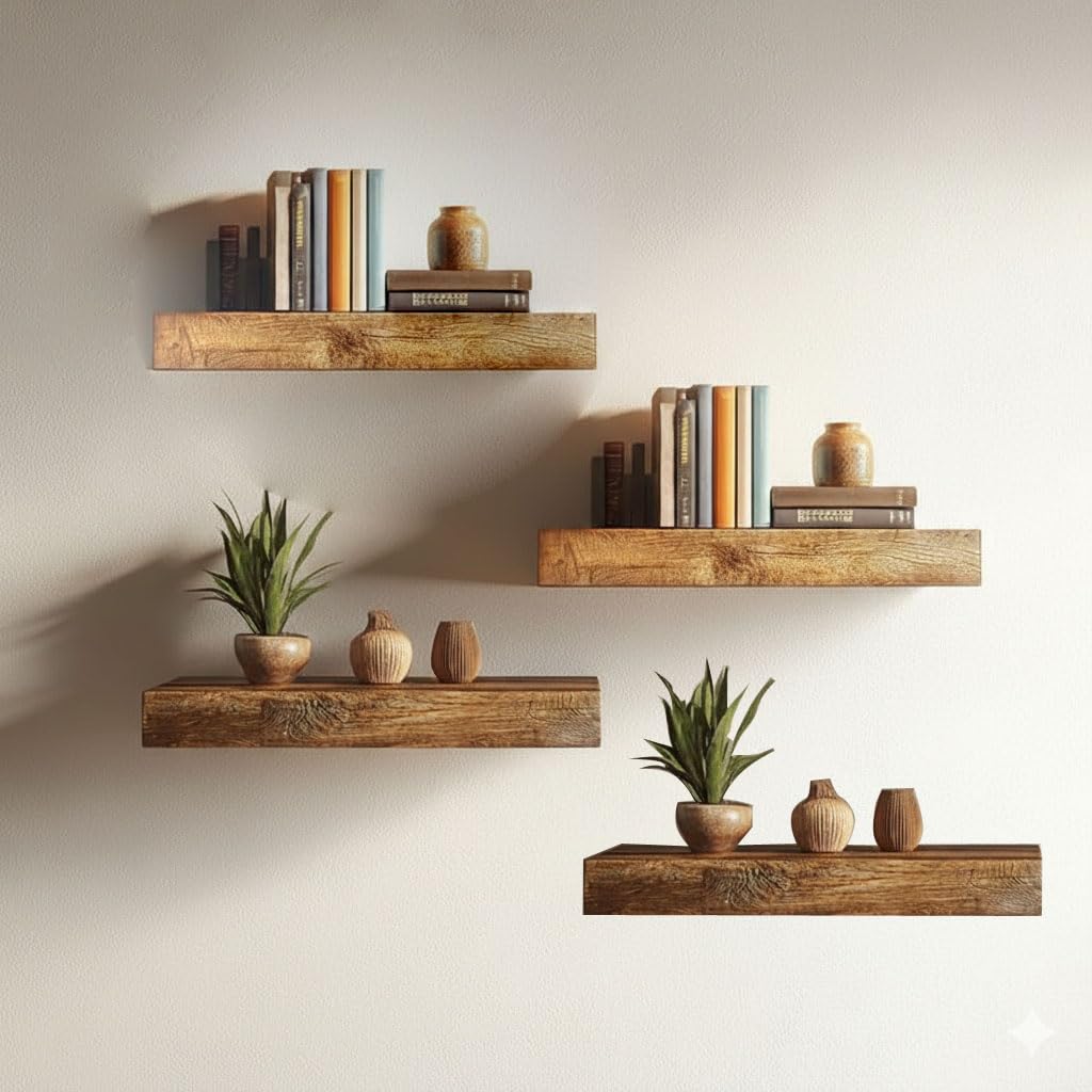 Solid Wood Floating Wall Shelves | Rustic Wooden Display Shelves for Living Room, Bedroom, Kitchen & Bathroom | Heavy Duty Wall Mounted Shelves (9 Inches, 4 Shelves)