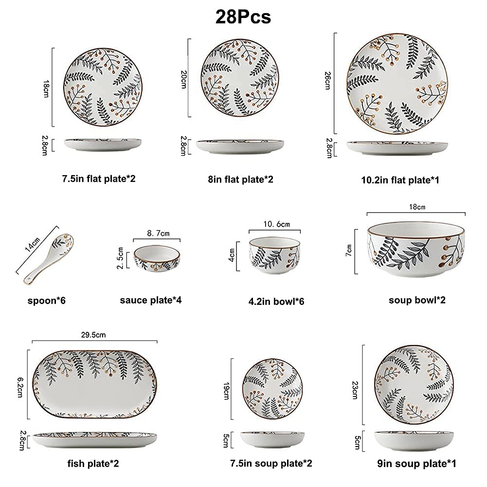 Zestaw zastawy stołowej, ceramiczne zestawy obiadowe, nordycki ręcznie malowany, 28 szt. porcelanowy zestaw obiadowy, zestaw talerzy i misek, do restauracji, wesela (