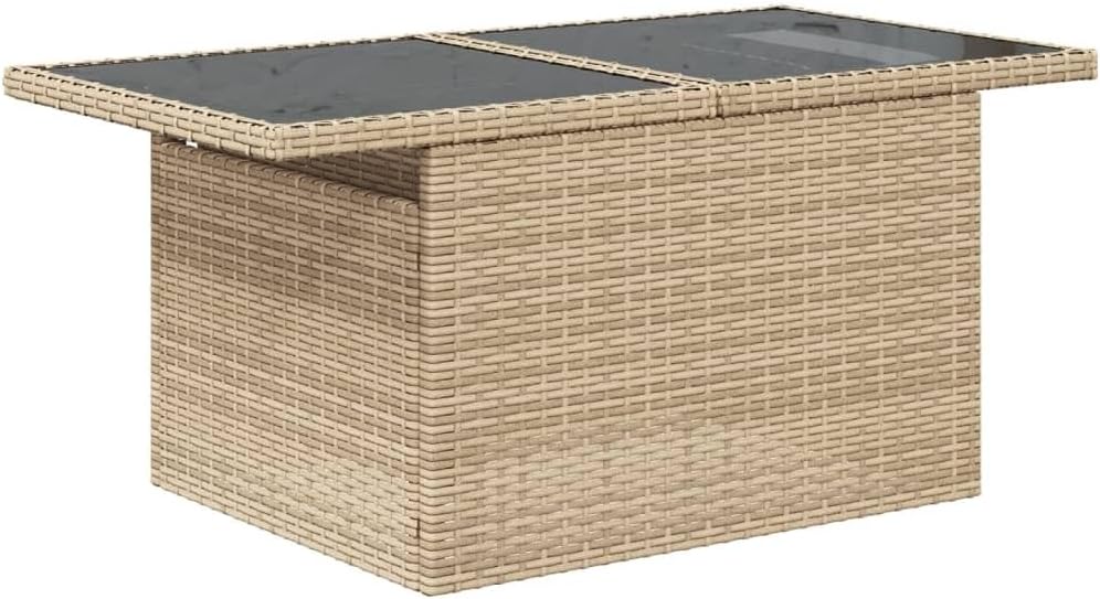 Beige Poly Rattan Garden Coffee Table with Tempered Glass Top, Powder-Coated Steel Frame, Adjustable Height Outdoor Patio Side Table for Balcony or Terrace Relaxation