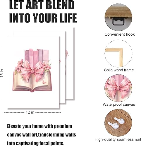 Miniatura 3 de JBZZD - Juego de 3 lienzos de pared con lazo rosa coqueta, para amantes de los libros, decoración de preppy, pósteres de libros rosados, impresiones