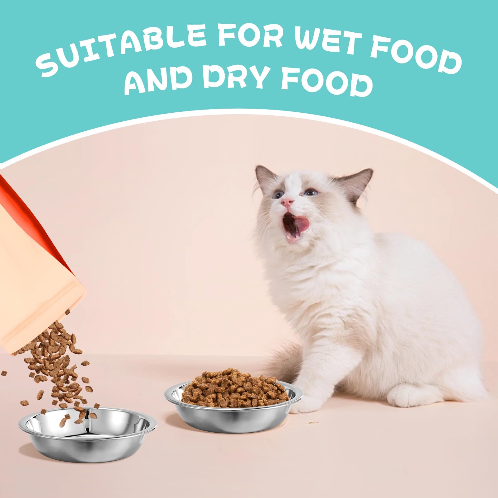 12 cuencos de acero inoxidable para gatos poco profundos para alimentos y fatiga, plato de agua básico de metal para mascotas, soporte elevado para gatos y perros pequeños (5.5 pulgadas de diámetro)