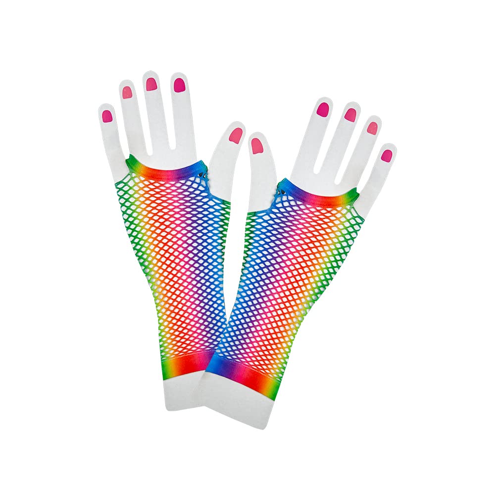 Wicked Costumes Unisex Rainbow Adult Long Fingerless Net Gloves - Fancy Dress Accessory