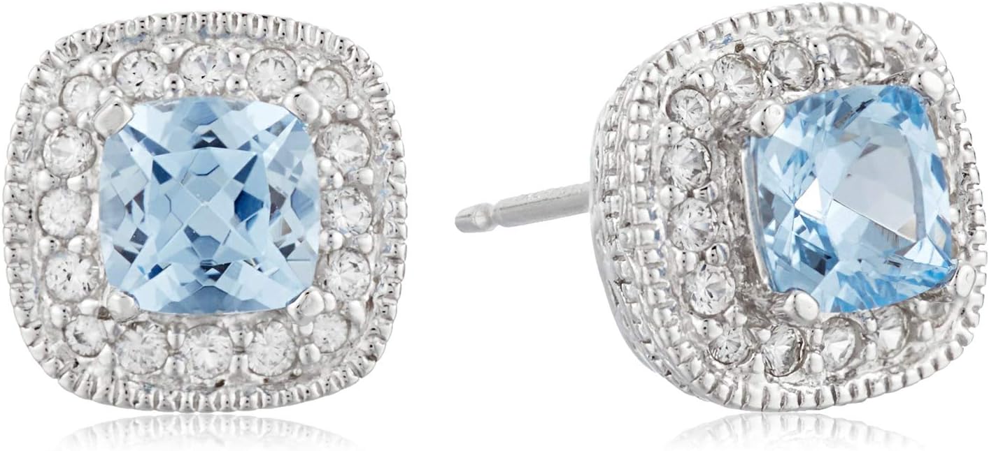 Amazon EssentialsSterling Silver Cushion Cut Birthstone and Created White Sapphire Halo Stud Earrings (previously Amazon Collection)