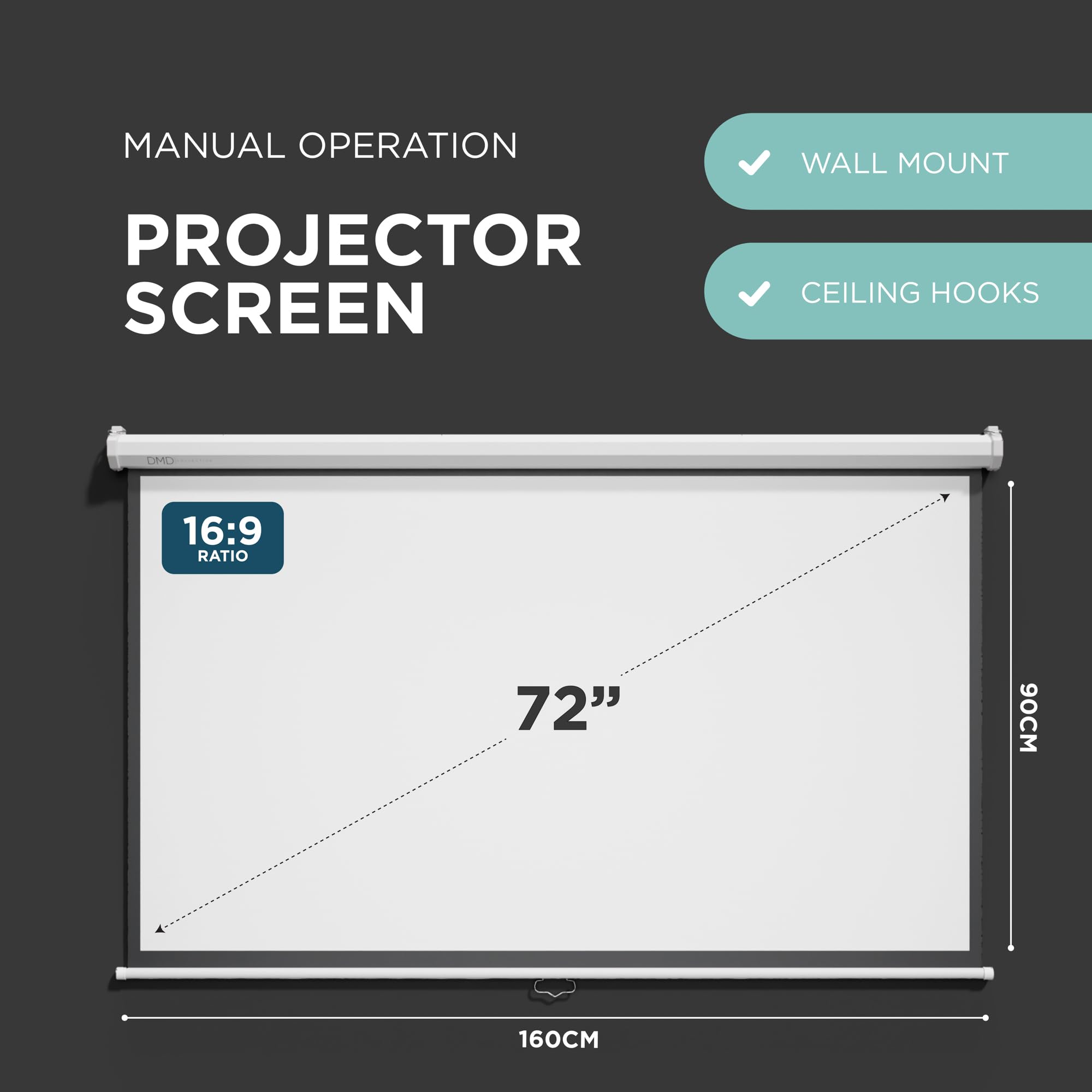 DMD Collective - Schermo per proiettore manuale da 72 pollici, montaggio a parete | Schermo di proiezione HD per home cinema, ufficio, scuola e presentazioni in aula, schermo film retrattile
