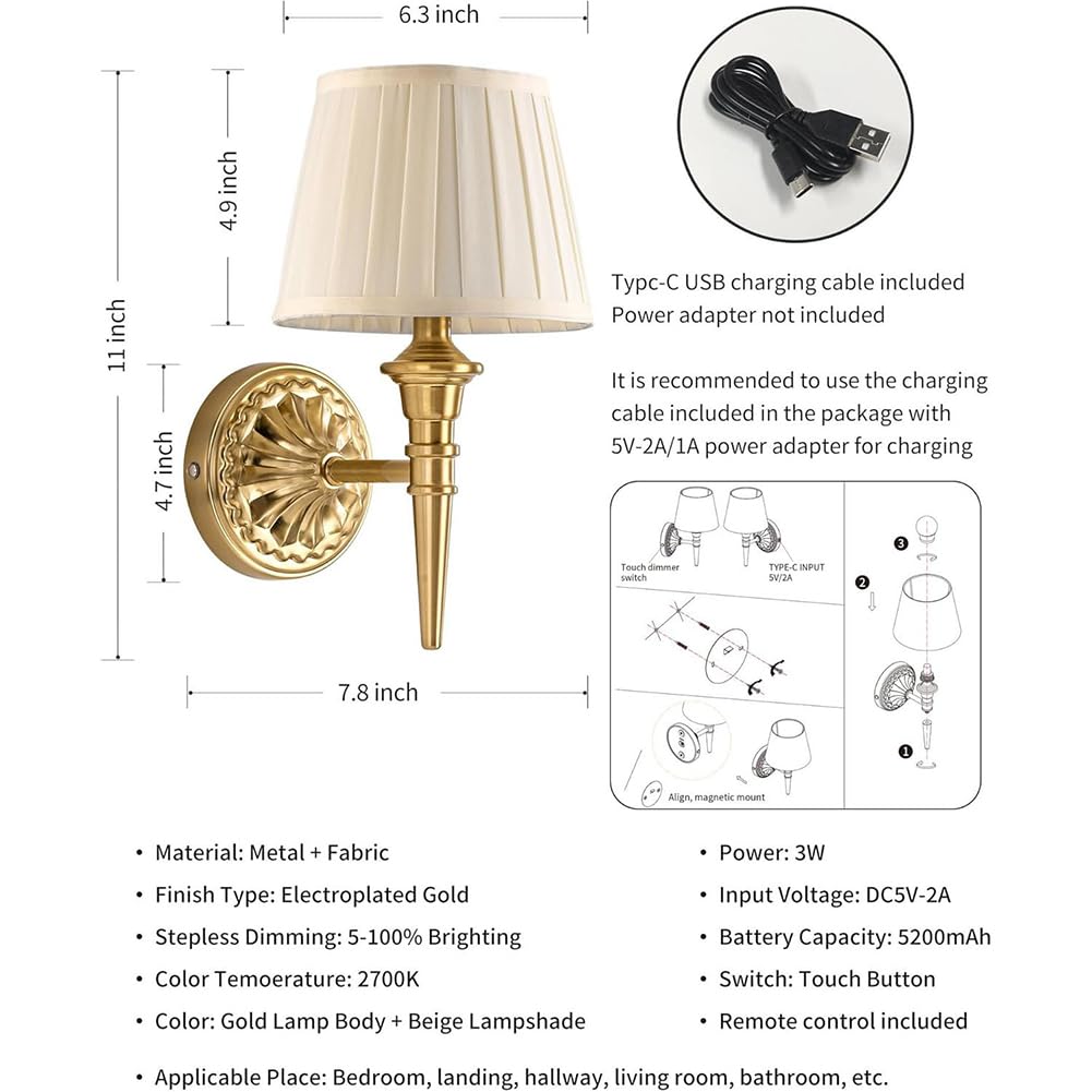 Akku Wandleuchte Kabellose Dimmbare Wandlampe mit Fernbedienung und Touch Schalter Wandbeleuchtung 5200mAh Wiederaufladbare Batterie Bettlampe E27 2 Stück für Schlafzimmer Wohnzimmer Flur