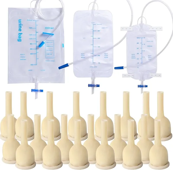 Catheter External Self-Sealing Set, 20 pcs Soft Latex, 1 pcs 500 ml Leg Bag, 1 pcs 1000 ml Urine Bag, 1 pcs Extra Large Catheter 2000 ml Urine Bag - External Catheter for Men, Day and Night Use, 30mm