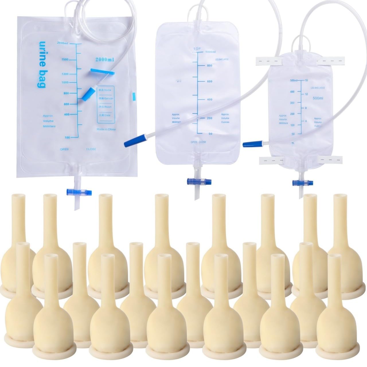 Catheter External Self-Sealing Set, 20 pcs Soft Latex, 1 pcs 500 ml Leg Bag, 1 pcs 1000 ml Urine Bag, 1 pcs Extra Large Catheter 2000 ml Urine Bag - External Catheter for Men, Day and Night Use, 30mm