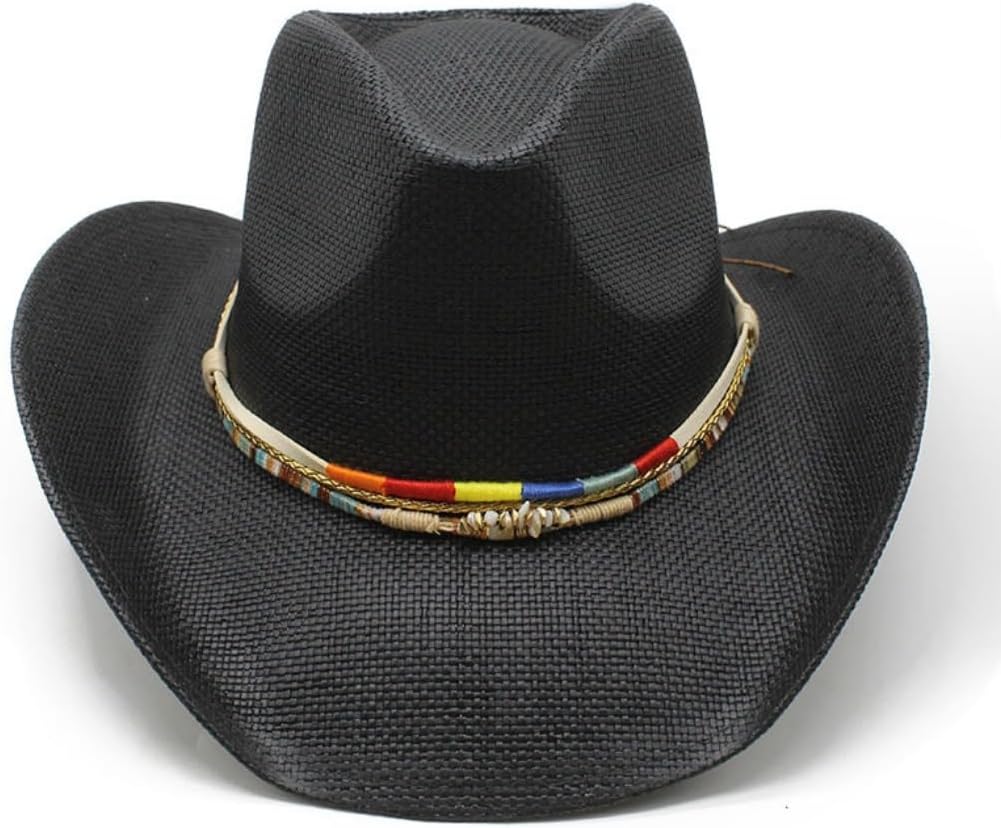 Western Cowboy Hat, Beige Straw with Colorful Beaded Band, Wide Brim